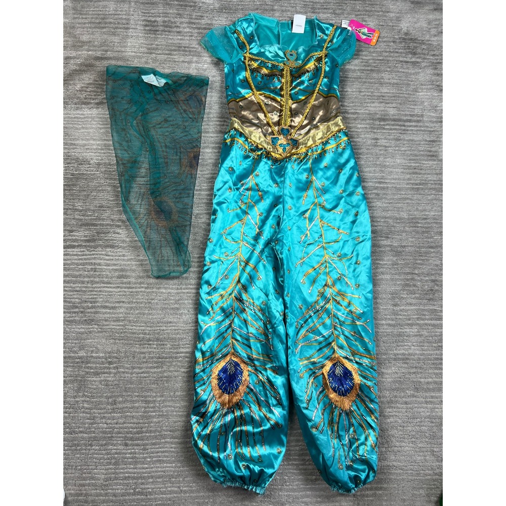 Disney Costume Girls M 8-10 Teal Aladdin Jasmine Peacock Jumpsuit Cape 2pc Set - Picture 1 of 12